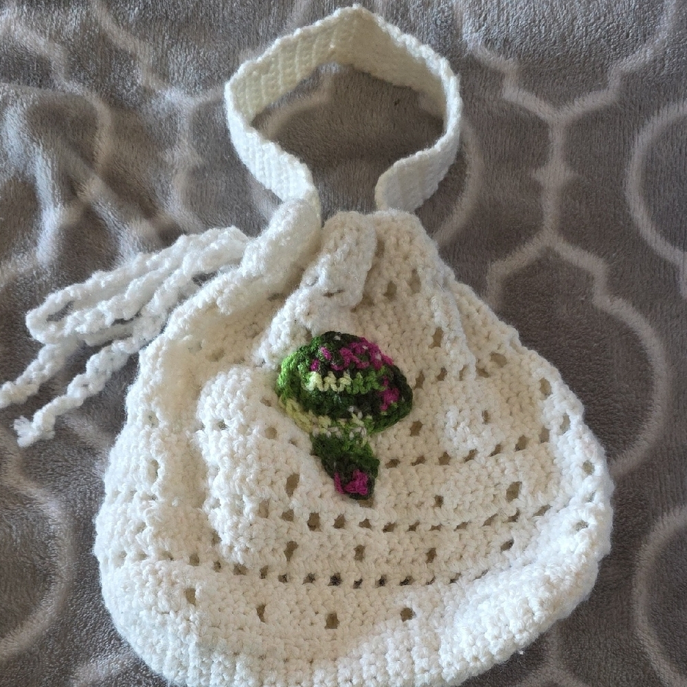 White and Green Crochet Drawstring Bag